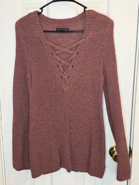 American Eagle Women’s Lace-Up V-Neck Knit Sweater - Dusty Rose, Size Small